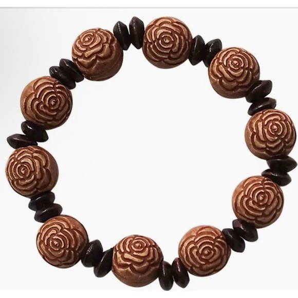 Rose Engraved‎ Wood Beaded Stretch Bracelet Chakra Mala Prayer Mediation Unisex - Picture 1 of 3